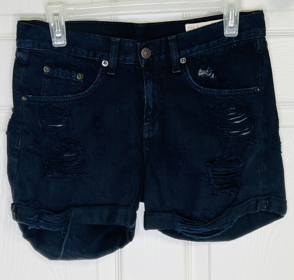 Rag &  Bone Boyfriend Distressed Cuffed Shorts Black Rebel Size 24
